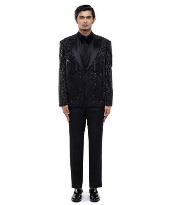 Black embroidered silk tuxedo set 3