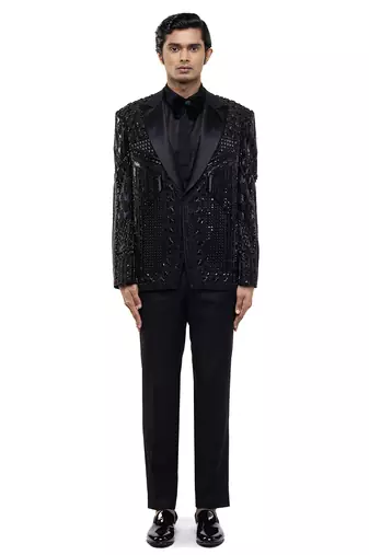 Black embroidered silk tuxedo set