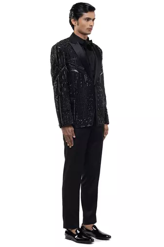Black embroidered silk tuxedo set