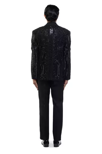 Black embroidered silk tuxedo set