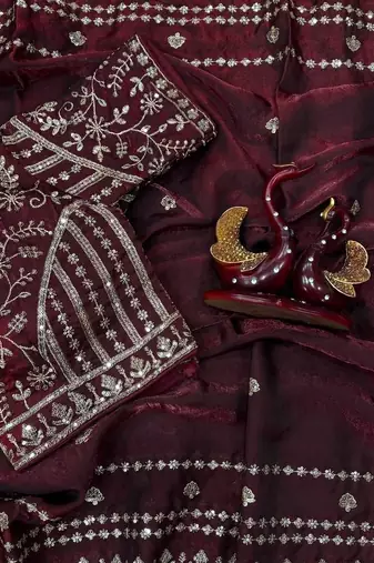 Maroon Color Sequence And Zari Embroidery Work Space Silk Saree