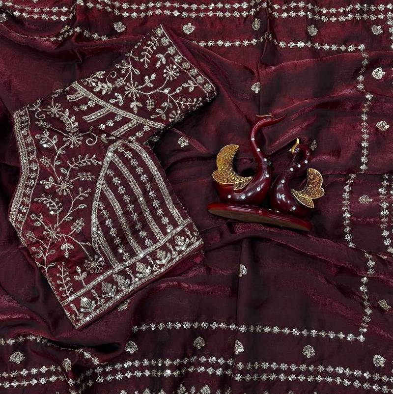 Maroon Color Sequence And Zari Embroidery Work Space Silk Saree