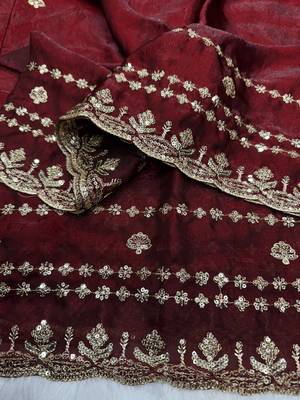 Maroon Color Sequence And Zari Embroidery Work Space Silk Saree 2