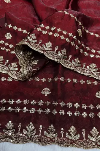 Maroon Color Sequence And Zari Embroidery Work Space Silk Saree