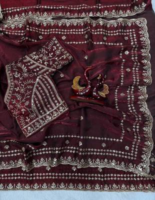 Maroon Color Sequence And Zari Embroidery Work Space Silk Saree 3