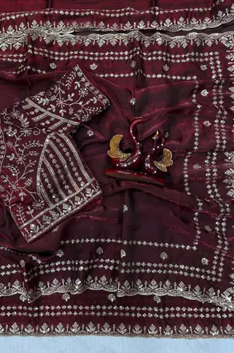 Maroon Color Sequence And Zari Embroidery Work Space Silk Saree