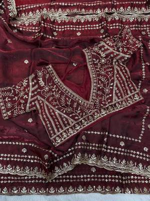 Maroon Color Sequence And Zari Embroidery Work Space Silk Saree 4