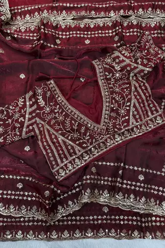 Maroon Color Sequence And Zari Embroidery Work Space Silk Saree