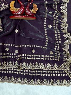 Purple Color Sequence And Zari Embroidery Work Space Silk Blend Saree 1