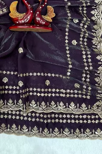 Purple Color Sequence And Zari Embroidery Work Space Silk Blend Saree