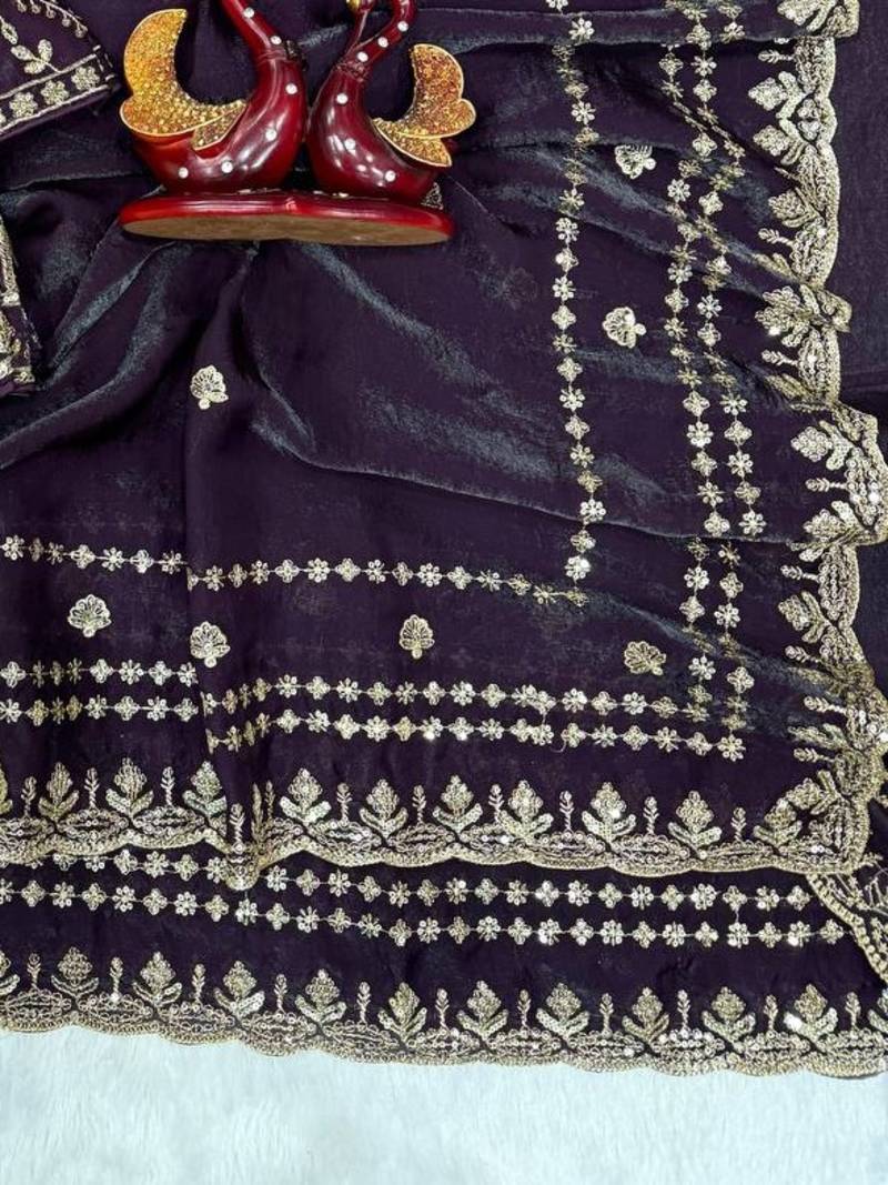 Purple Color Sequence And Zari Embroidery Work Space Silk Blend Saree