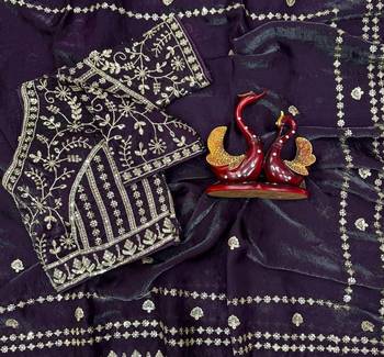 Purple Color Sequence And Zari Embroidery Work Space Silk Blend Saree 2