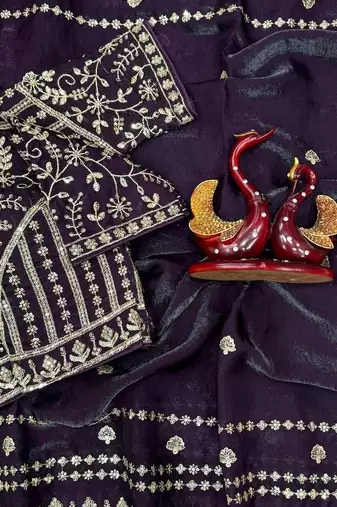 Purple Color Sequence And Zari Embroidery Work Space Silk Blend Saree