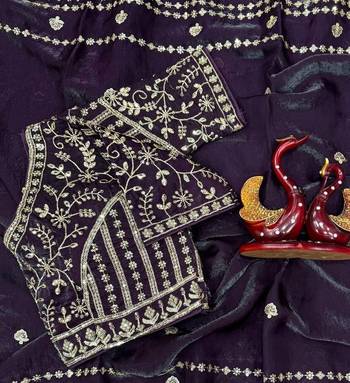 Purple Color Sequence And Zari Embroidery Work Space Silk Blend Saree 3