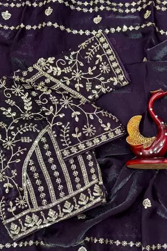 Purple Color Sequence And Zari Embroidery Work Space Silk Blend Saree