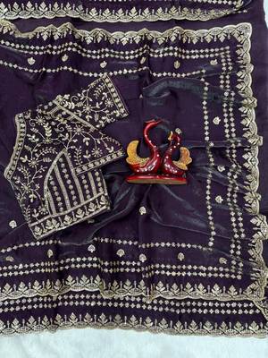 Purple Color Sequence And Zari Embroidery Work Space Silk Blend Saree 4