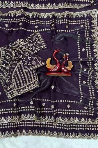 Purple Color Sequence And Zari Embroidery Work Space Silk Blend Saree