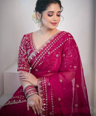 Rani Pink Color Sequence And Zari Embroidery Work Space Silk Blend Saree 1
