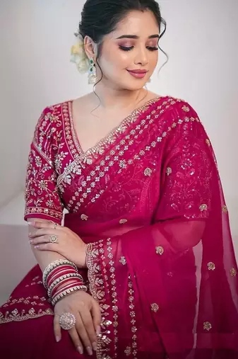 Rani Pink Color Sequence And Zari Embroidery Work Space Silk Blend Saree