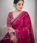 Rani Pink Color Sequence And Zari Embroidery Work Space Silk Blend Saree