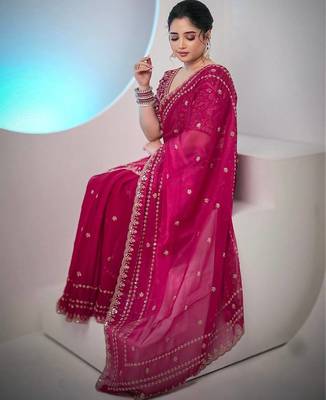 Rani Pink Color Sequence And Zari Embroidery Work Space Silk Blend Saree 2