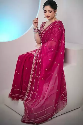 Rani Pink Color Sequence And Zari Embroidery Work Space Silk Blend Saree
