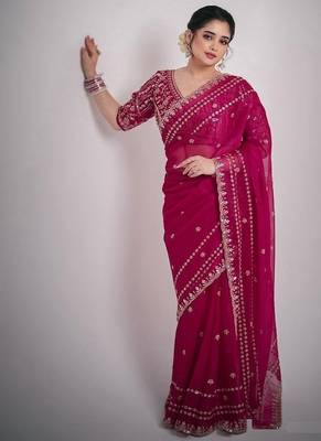 Rani Pink Color Sequence And Zari Embroidery Work Space Silk Blend Saree 3