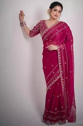 Rani Pink Color Sequence And Zari Embroidery Work Space Silk Blend Saree