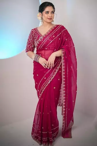 Rani Pink Color Sequence And Zari Embroidery Work Space Silk Blend Saree