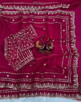 Rani Pink Color Sequence And Zari Embroidery Work Space Silk Blend Saree 5