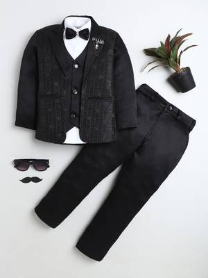 Boys black satin geometric jacquard woven 3-piece suit set with bow tie 1