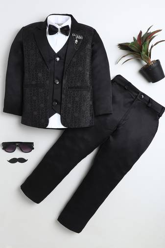 Boys black satin geometric jacquard woven 3-piece suit set with bow tie