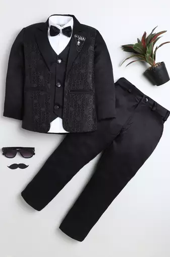 Boys black satin geometric jacquard woven 3-piece suit set with bow tie