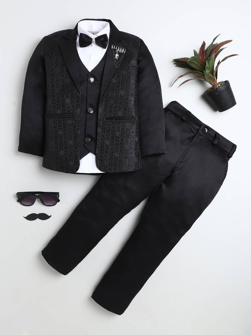 Boys black satin geometric jacquard woven 3-piece suit set with bow tie