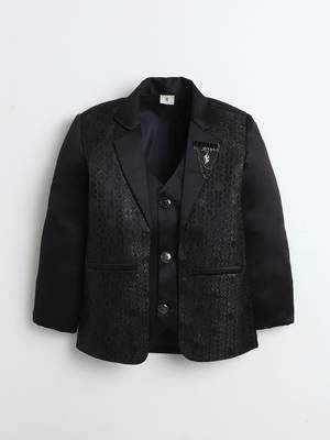 Boys black satin geometric jacquard woven 3-piece suit set with bow tie 2