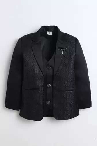 Boys black satin geometric jacquard woven 3-piece suit set with bow tie