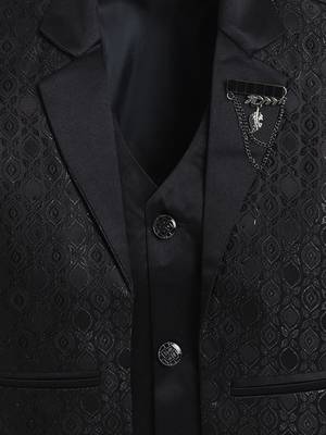 Boys black satin geometric jacquard woven 3-piece suit set with bow tie 4