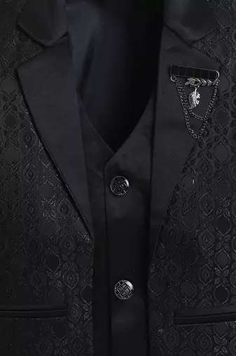 Boys black satin geometric jacquard woven 3-piece suit set with bow tie