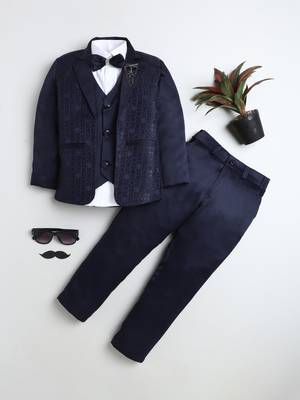 Boys navy blue satin geometric jacquard woven 3-piece suit set with bow tie 1