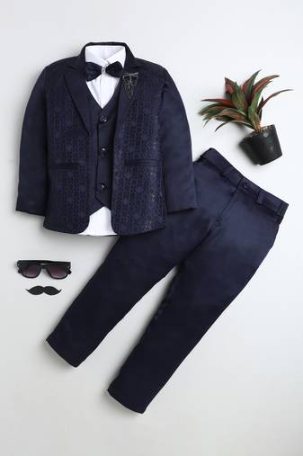 Boys navy blue satin geometric jacquard woven 3-piece suit set with bow tie