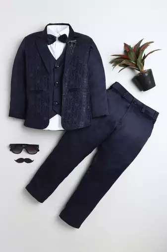 Boys navy blue satin geometric jacquard woven 3-piece suit set with bow tie