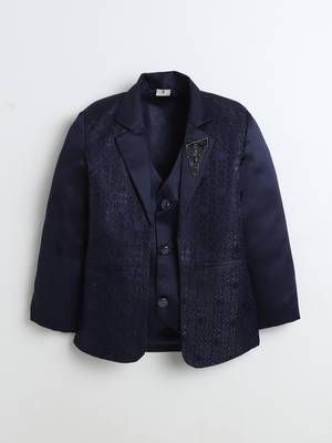 Boys navy blue satin geometric jacquard woven 3-piece suit set with bow tie 2