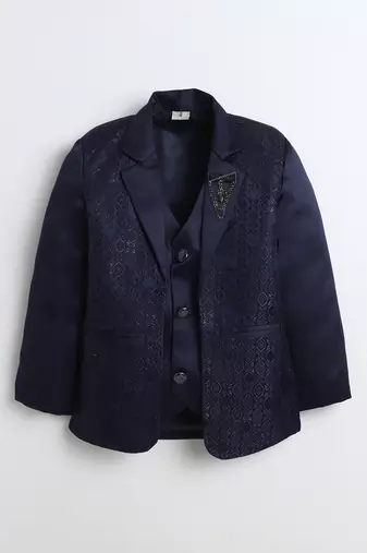 Boys navy blue satin geometric jacquard woven 3-piece suit set with bow tie