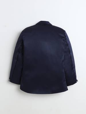 Boys navy blue satin geometric jacquard woven 3-piece suit set with bow tie 3