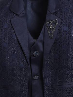 Boys navy blue satin geometric jacquard woven 3-piece suit set with bow tie 4