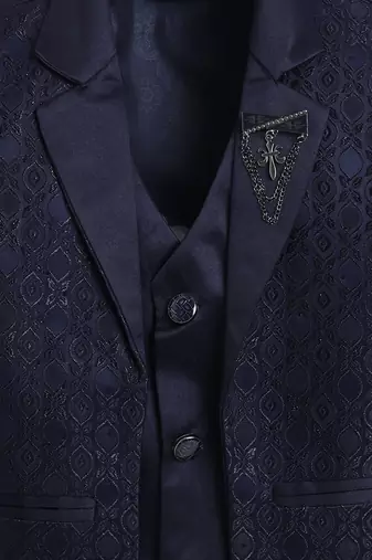 Boys navy blue satin geometric jacquard woven 3-piece suit set with bow tie