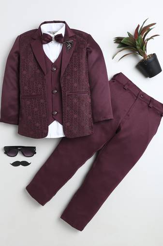 Boys wine satin geometric jacquard woven 3-piece suit set with bow tie