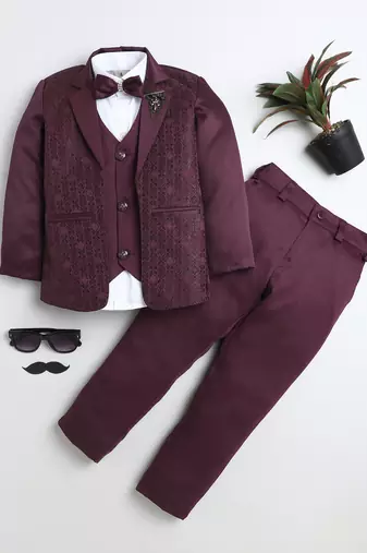 Boys wine satin geometric jacquard woven 3-piece suit set with bow tie
