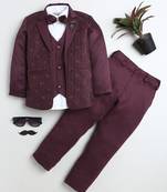 Boys wine satin geometric jacquard woven 3-piece suit set with bow tie