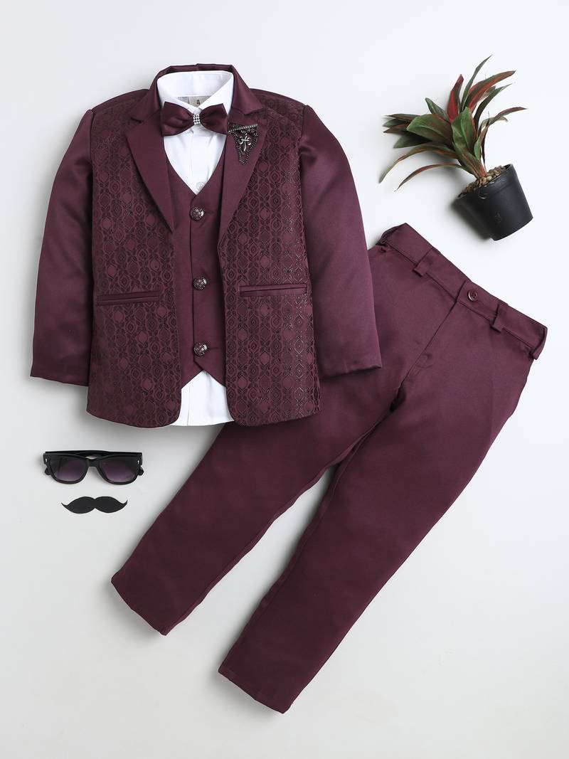 Boys wine satin geometric jacquard woven 3-piece suit set with bow tie